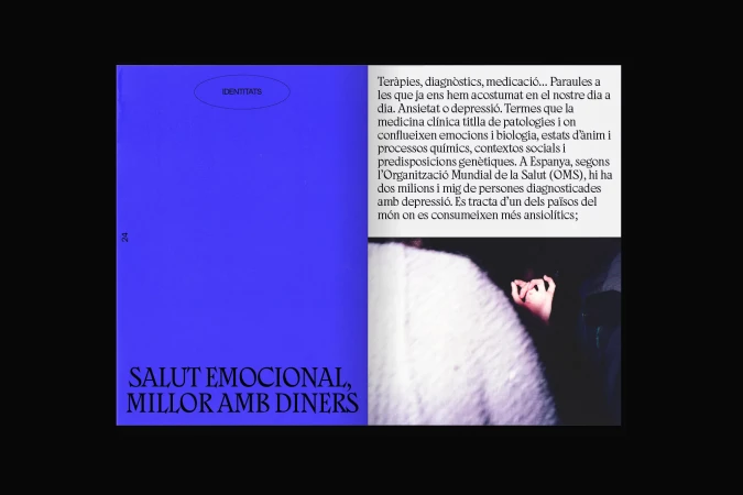 Text art features pages from a publication with a blue cover, text in Catalan discussing emotional health, and an ambiguous image.
