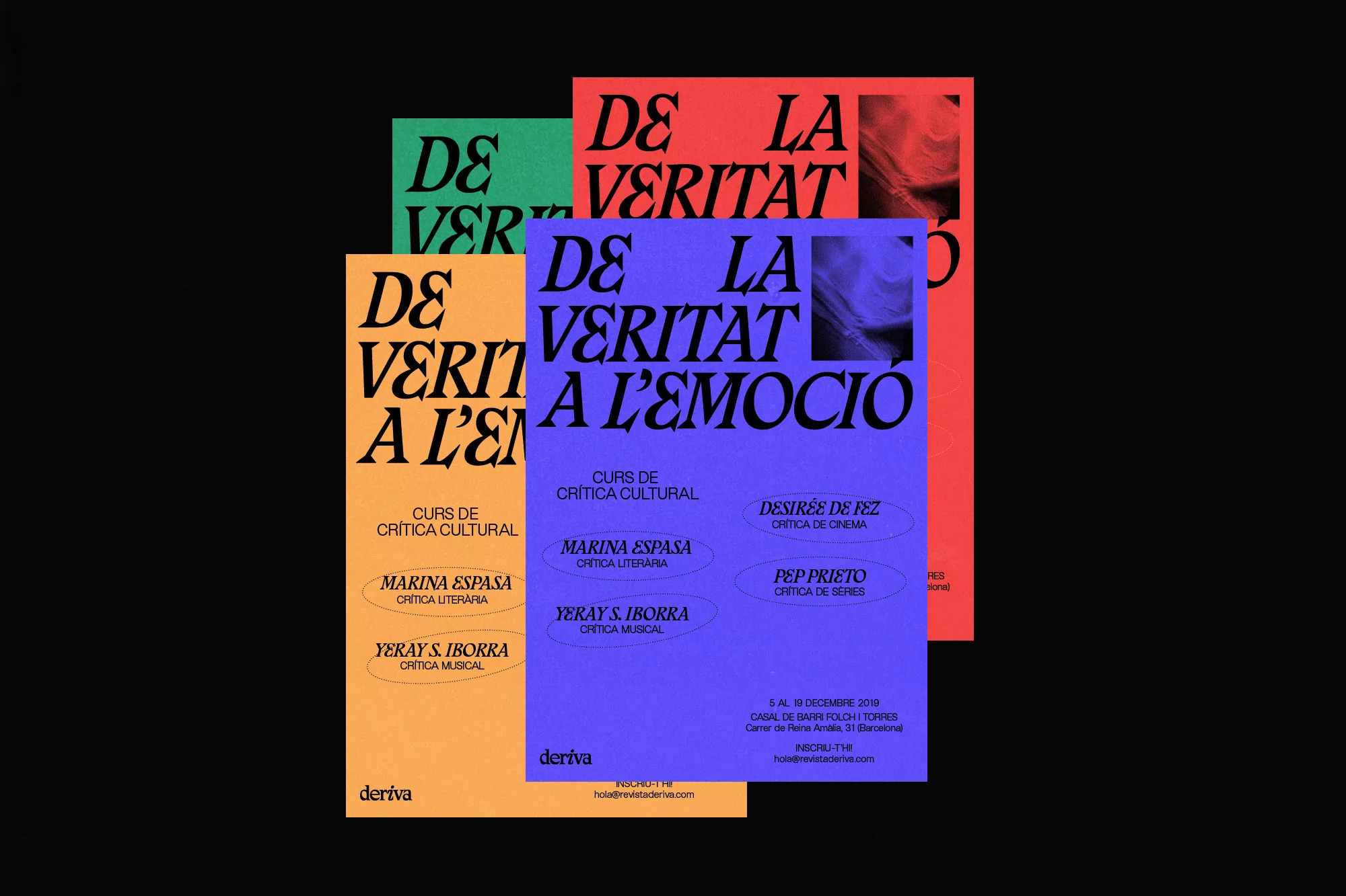 Three colorful event posters with bold typography for 'De La Veritat a L'Emoció' event series, set against a stark black backdrop.
