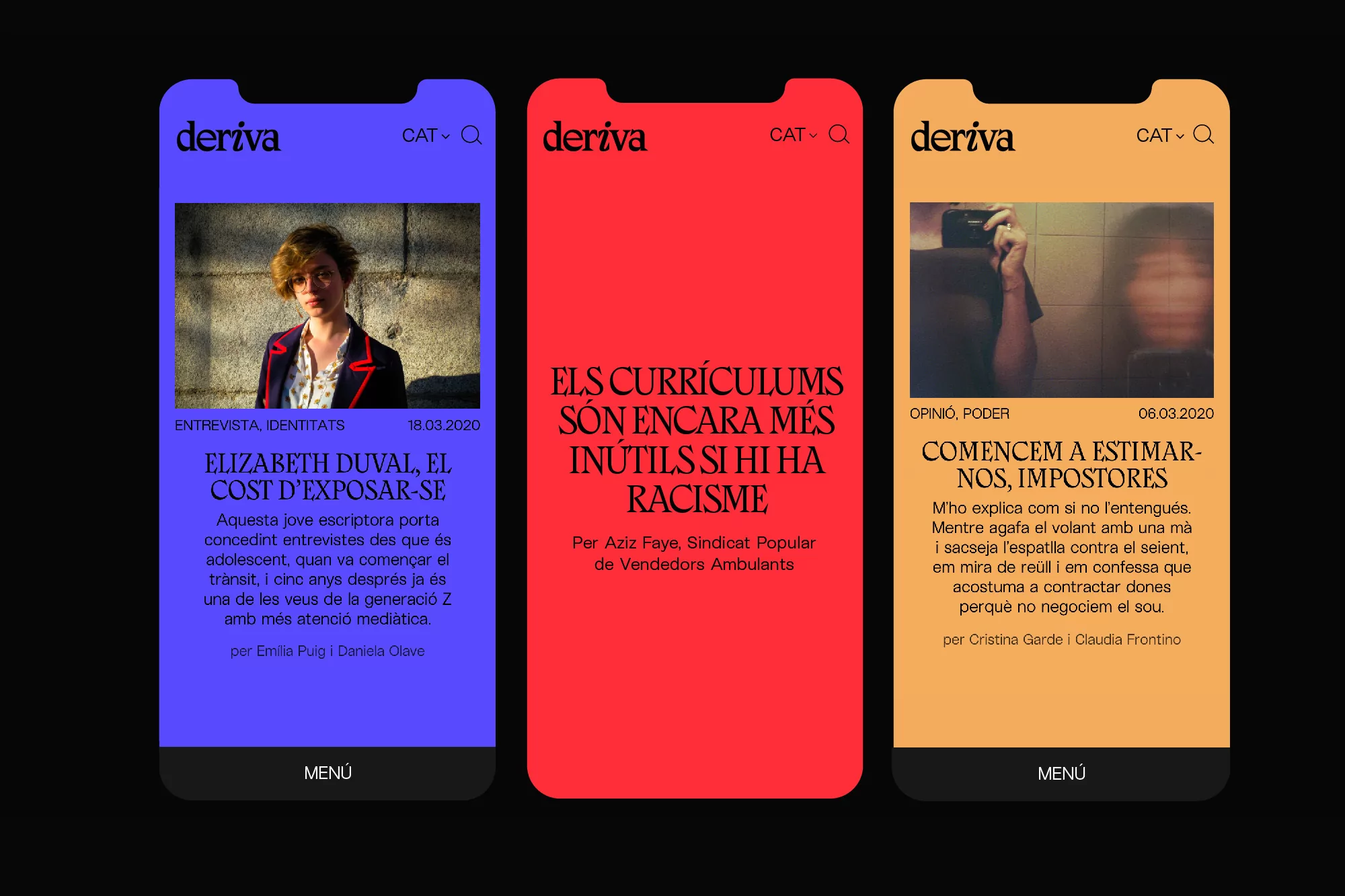 Three mobile phone screens display the Deriva online magazine in different color themes, featuring articles and photos.