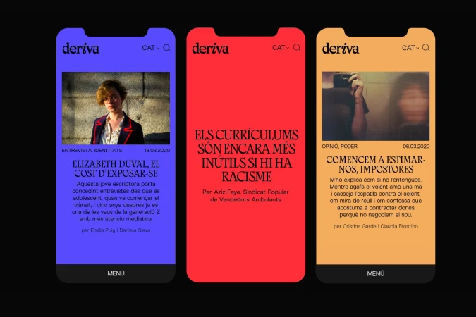 Three mobile phone screens display the Deriva online magazine in different color themes, featuring articles and photos.