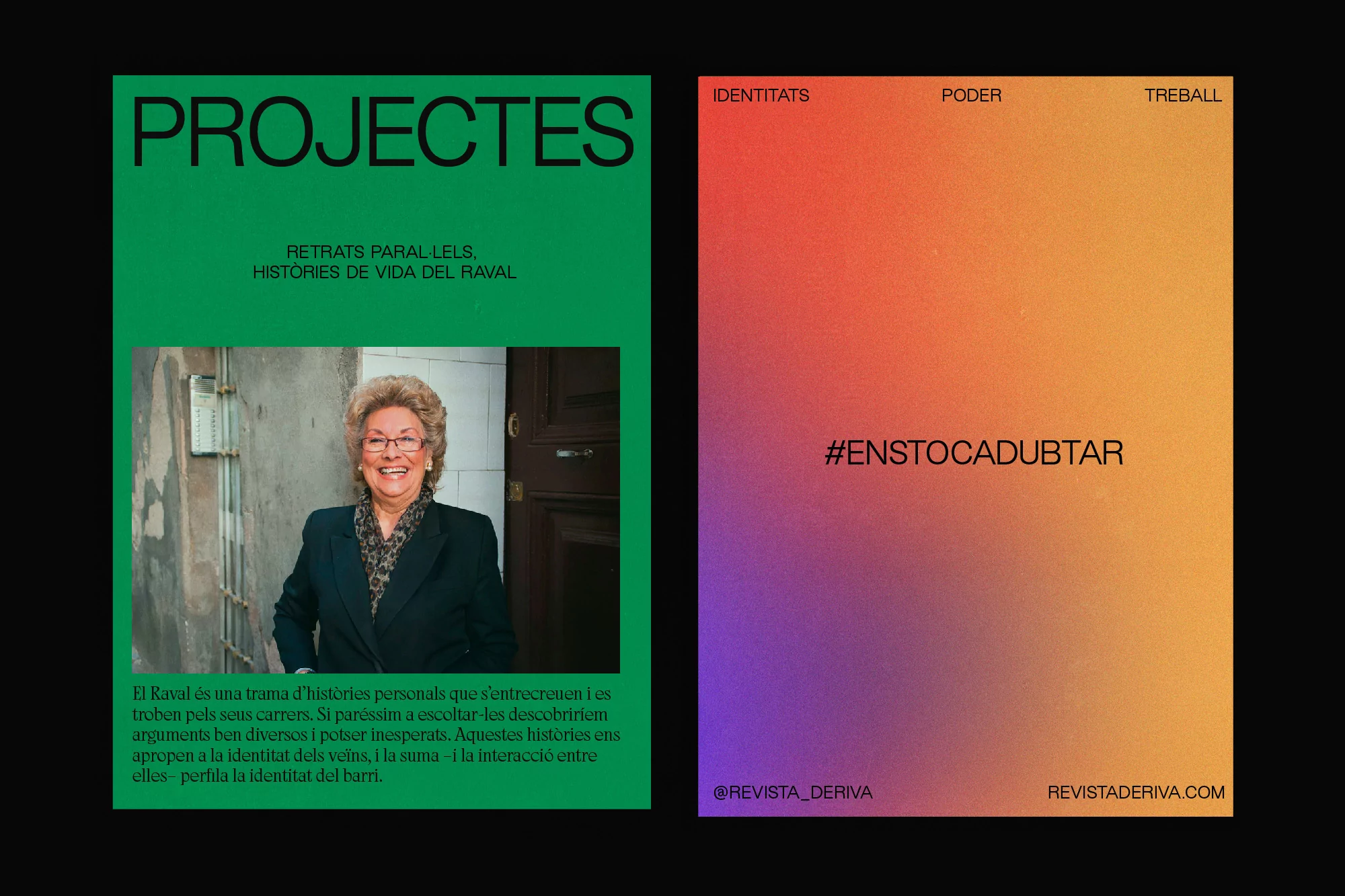 Magazine cover featuring an older woman in blazer smiling outdoors, alongside abstract text-based graphic design on black background.