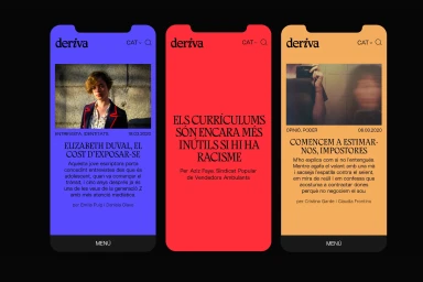 Three mobile phone mockups displaying the Deriva brand identity with different color screens and editorial typography.