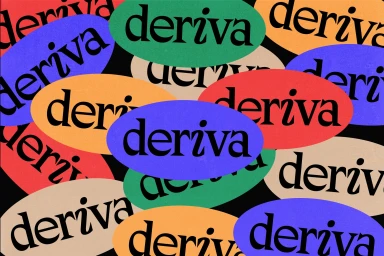 Graphic pattern of overlapping colorful ovals featuring repeating typography spelling deriva against a dark background