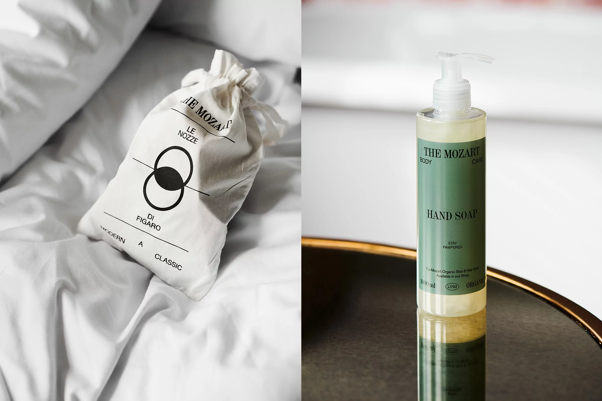 Luxury hotel amenities featuring a toiletry bag on a bed and a hand soap bottle on a reflective surface in a modern setting.