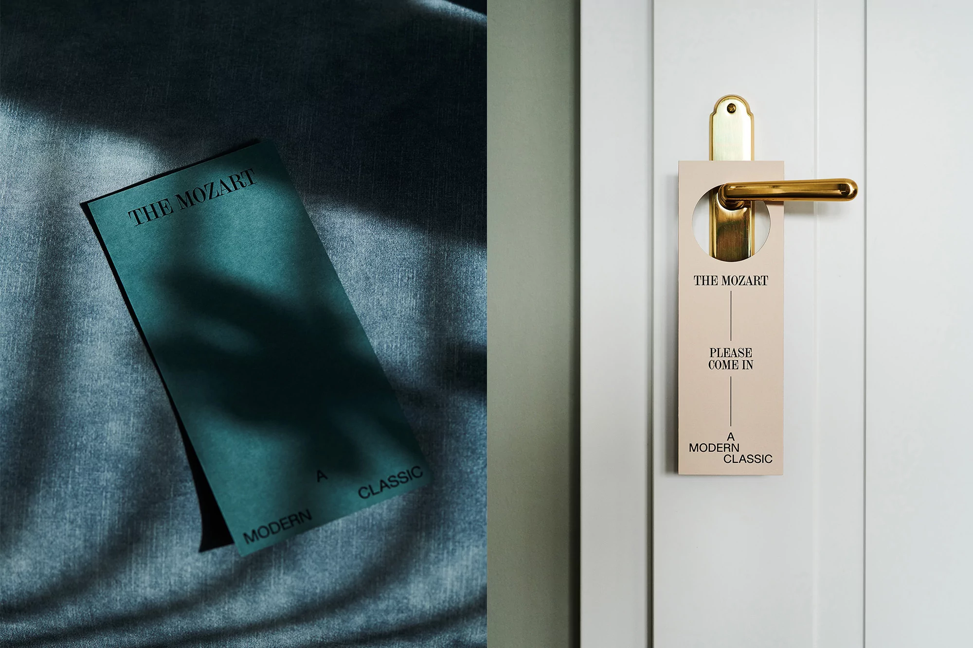 Two hotel door hangers, one teal on denim, the other beige hanging on a white door with gold hardware, both displaying 'The Mozart' text.