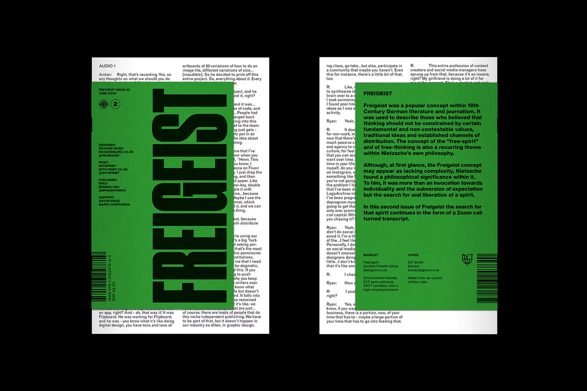 Freigeist magazine cover featuring a minimalist design with a green background and bold white typography, embodying a modern, editorial aesthetic.