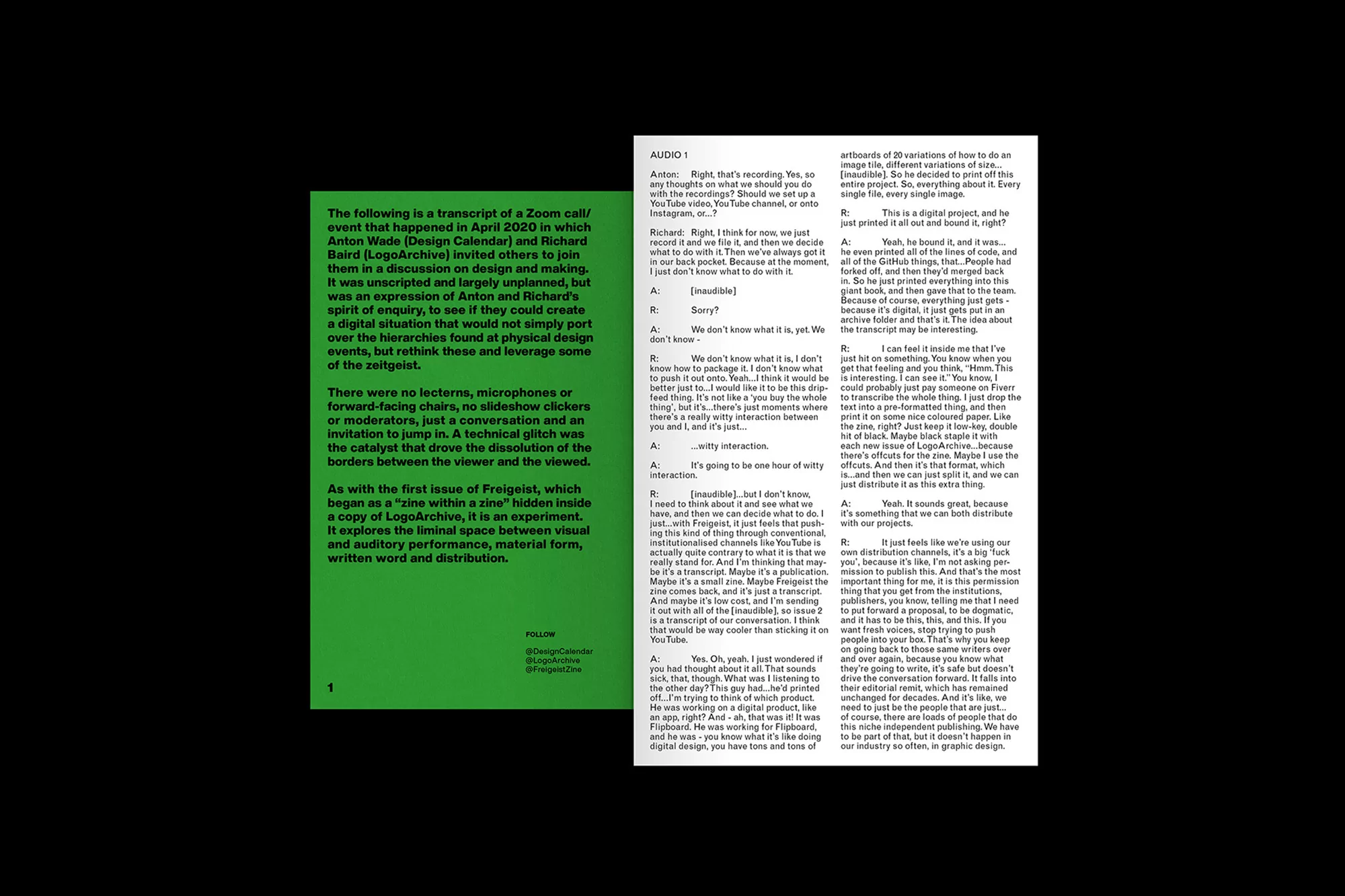 Text-heavy publication design featuring columns of text, exploring design discussions and experimental layouts, printed on off-white paper.