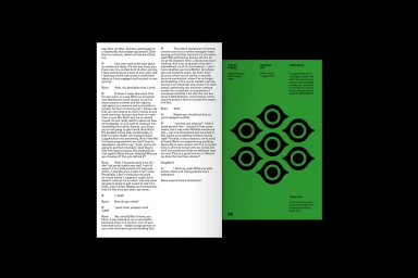 Open zine spread featuring black text columns on a white page alongside a vibrant green page displaying a symmetrical pattern of black eye-shaped icons.