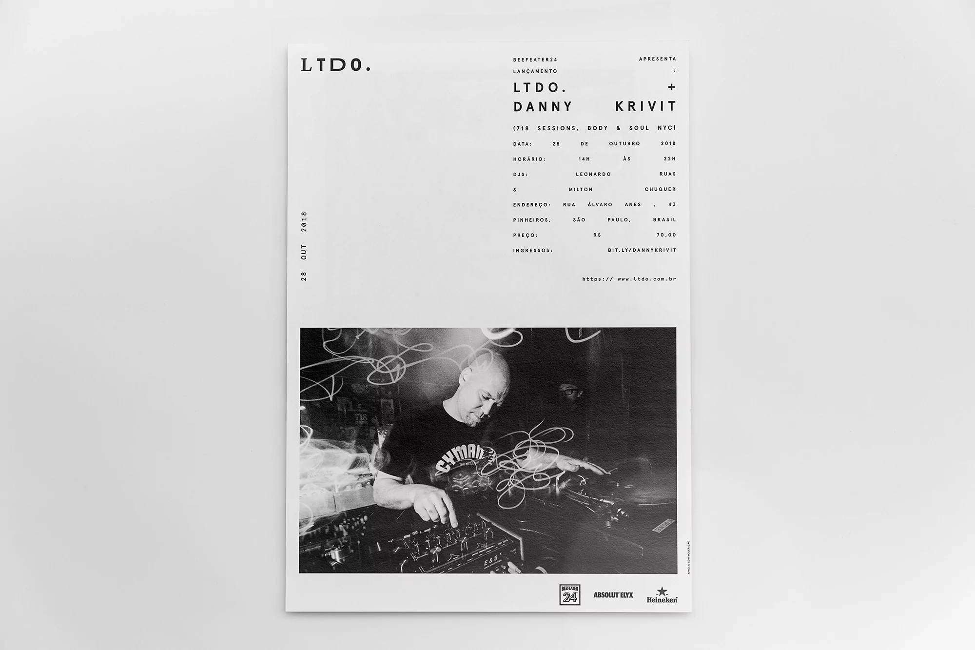Promotional poster featuring a DJ in action, stylized with light trails, promoting an event featuring Danny Krivit, black and white.