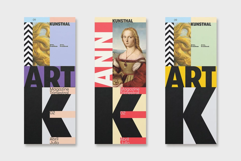 Three art magazine covers with graphic design elements including typography, geometric patterns, and Renaissance art. Colorful and modern.