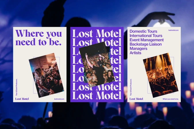 Three posters for Lost Motel brand promote tour & event services. Crowd images, tour dates, and website address are visible on the signs.