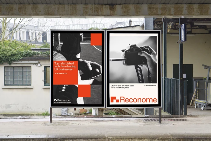 Outdoor advertising displays tech company Reconome with images of refurbished tech in urban environment, black and white photography.