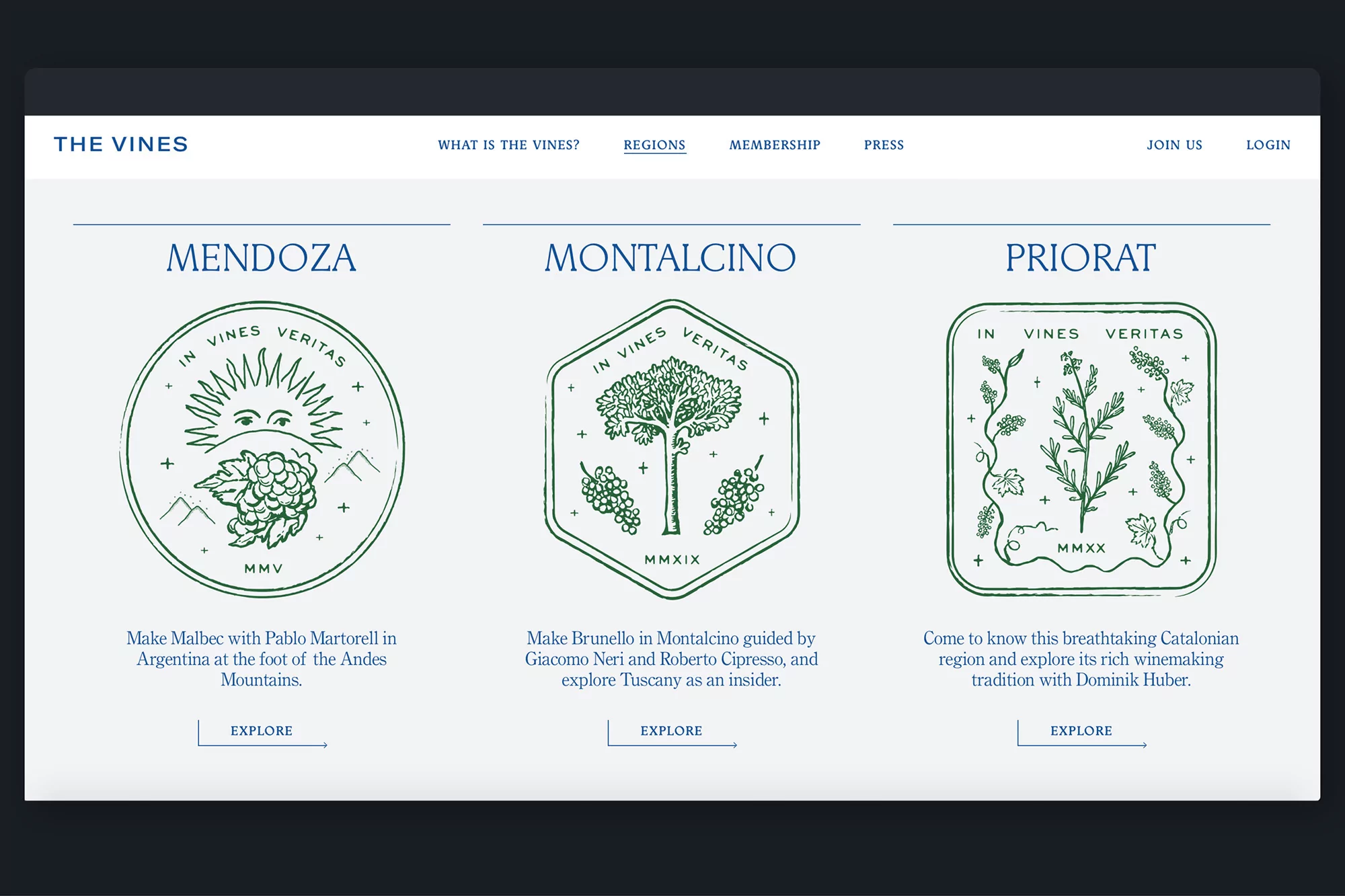 Website homepage displaying logos for three wine regions: Mendoza, Montalcino, and Priorat with illustrated emblems and descriptions.