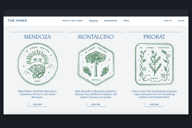Website homepage displaying logos for three wine regions: Mendoza, Montalcino, and Priorat with illustrated emblems and descriptions.