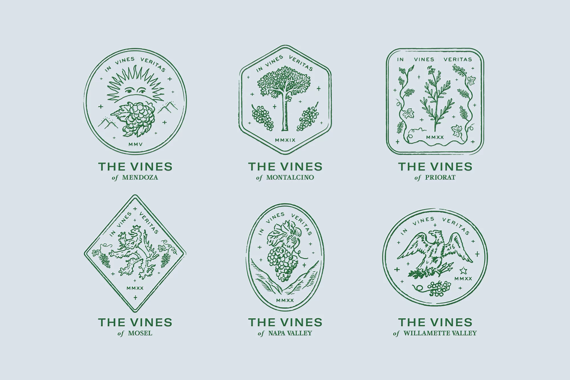 Six green emblem designs: grape bunches, trees, lions, eagles, and foliage with company name 'The Vines' over a gray background.