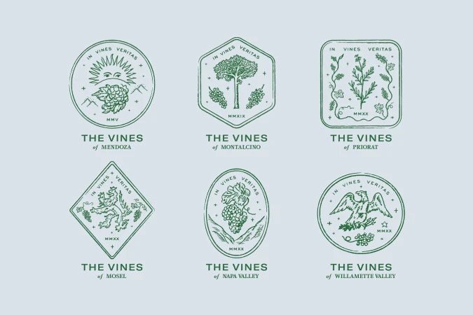 Six green emblem designs: grape bunches, trees, lions, eagles, and foliage with company name 'The Vines' over a gray background.