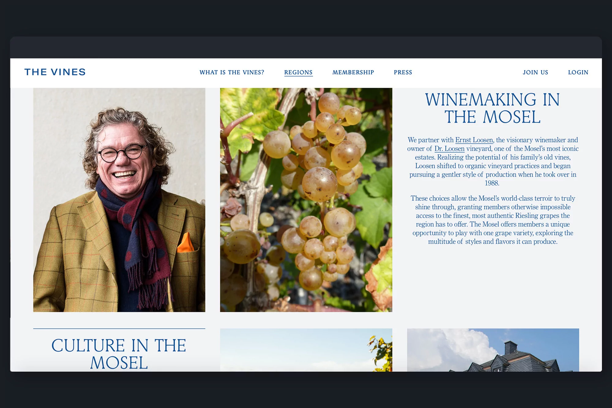 Website layout featuring portrait of a man, close-up of grapes on vines, and text about winemaking in the Mosel region.