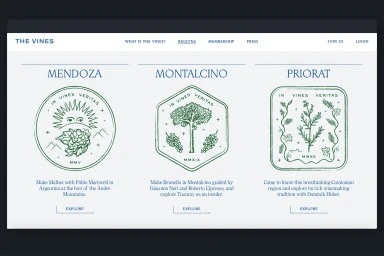 Web page layout for The Vines displaying three green illustrated circular and rectangular wine region badges for Mendoza, Montalcino, and Priorat.