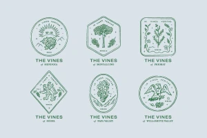 Set of six green botanical and wildlife line art badge logos for The Vines brand identity on light blue background.