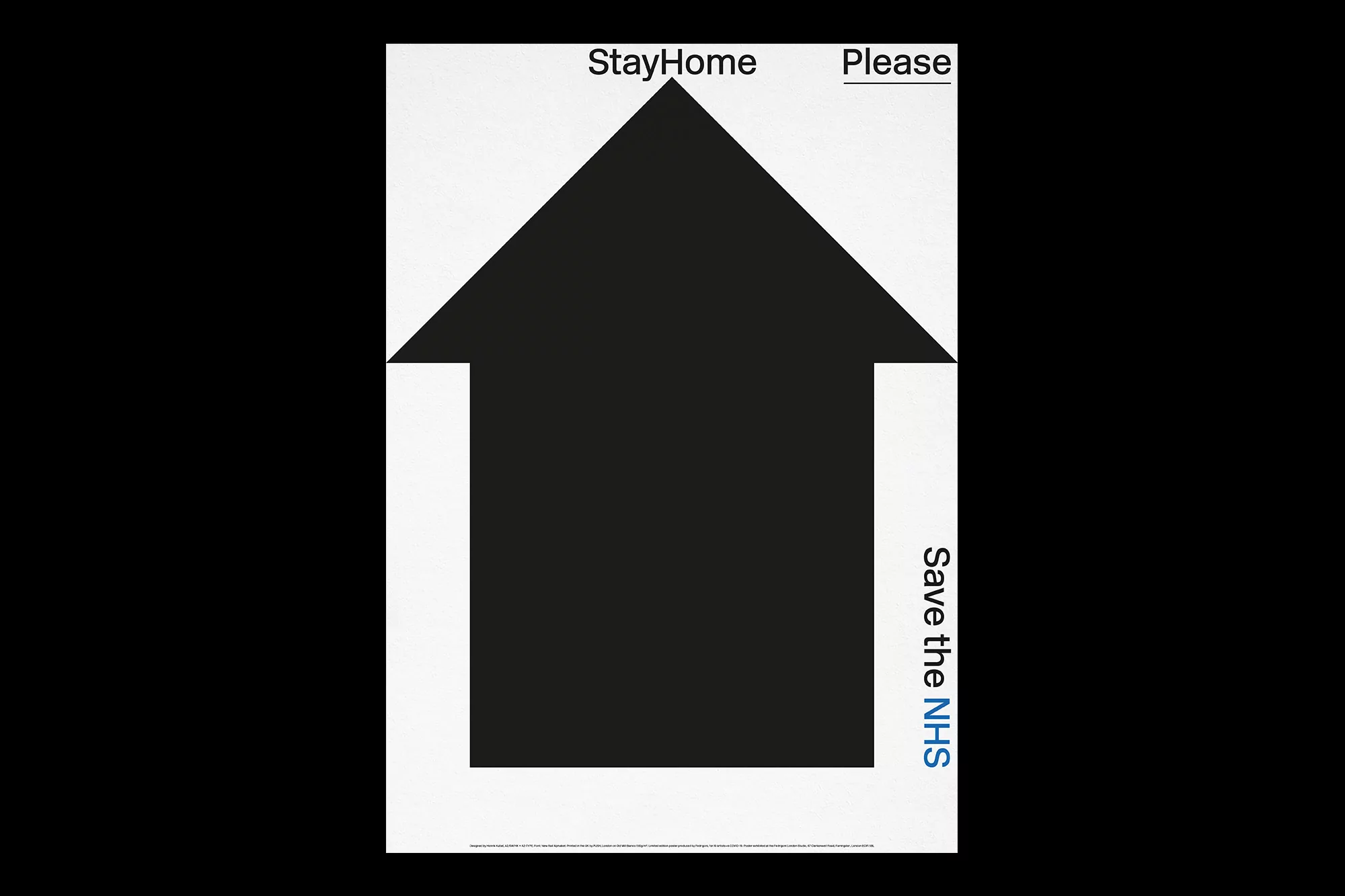 Graphic art with a house shape in black and white. Text says, 'Stay Home, Please' and 'Save the NHS'.