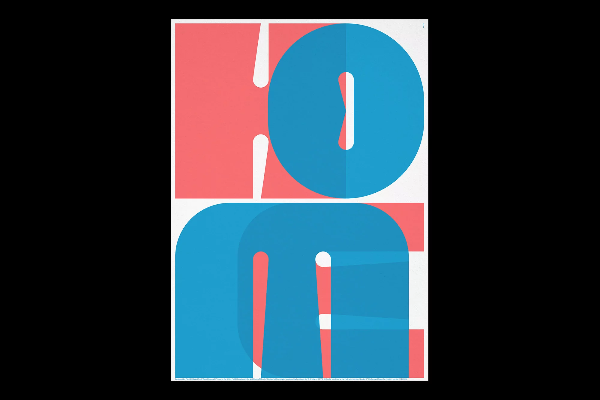 Graphic typography poster featuring the word 'HOME' in layered blue and coral geometric sans-serif lettering against a white backdrop.