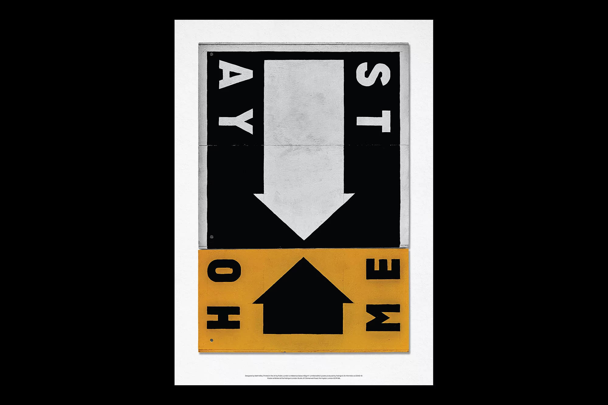 Graphic image featuring two stacked signs with directional motifs, including an arrow pointing down and a house-shaped symbol. 