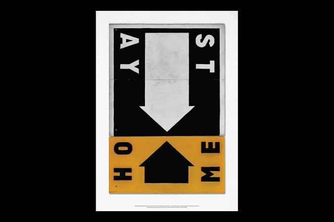 Graphic image featuring two stacked signs with directional motifs, including an arrow pointing down and a house-shaped symbol. 