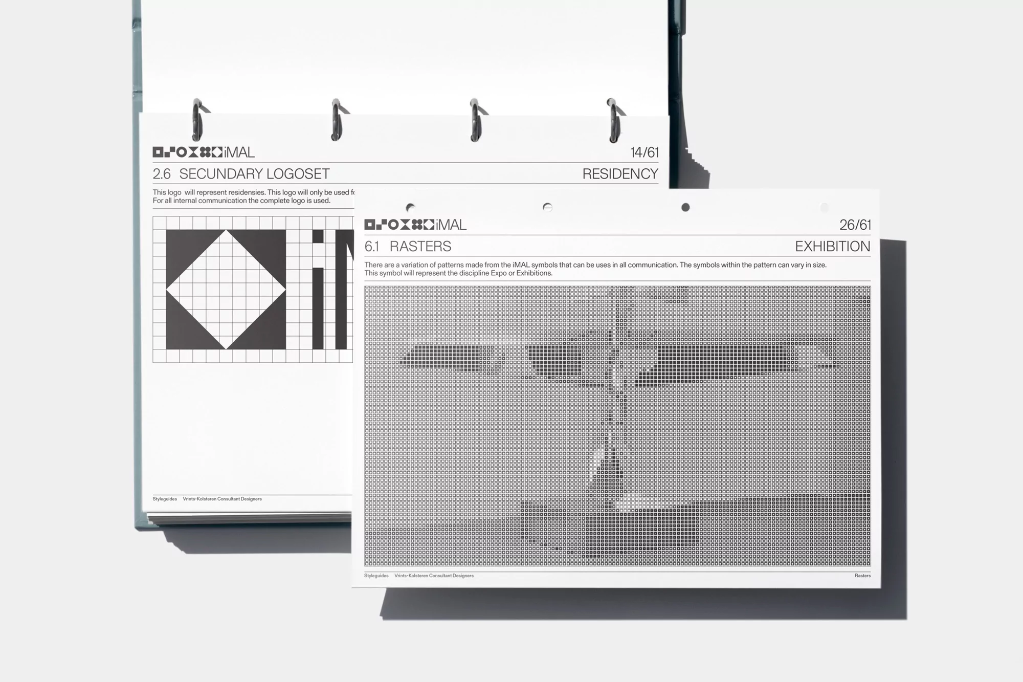 Two pages from a design document with black and white diagrams, text, and logo elements on a clean, modern background.
