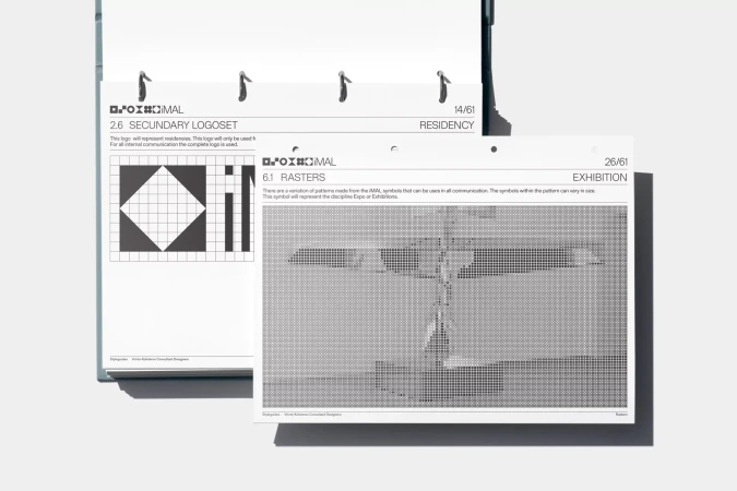 Two pages from a design document with black and white diagrams, text, and logo elements on a clean, modern background.