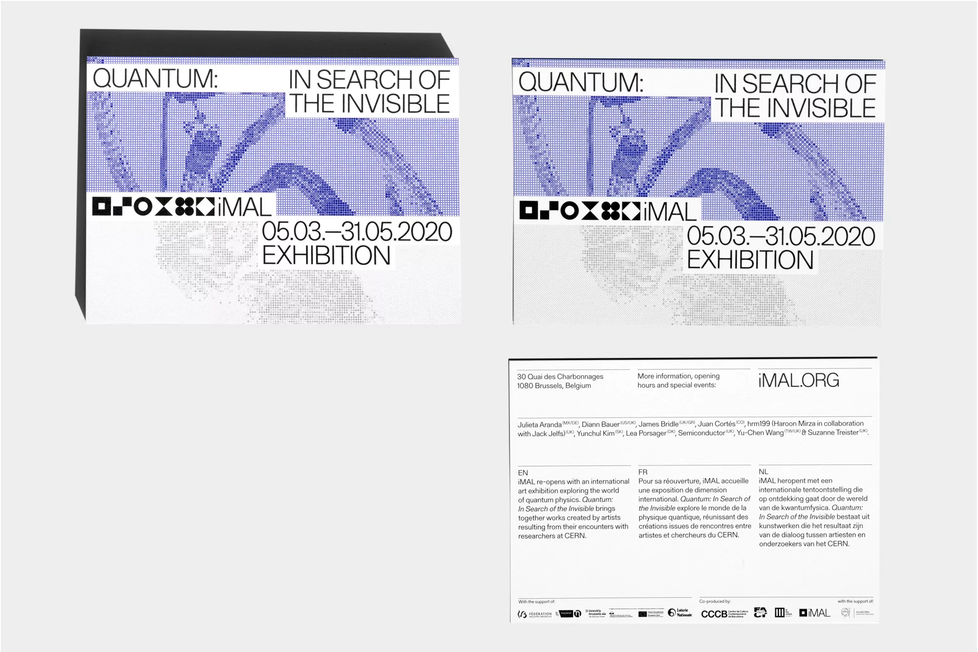 Poster for the "Quantum: In Search of the Invisible" exhibition, featuring abstract visuals and event details, running from March to May 2020.
