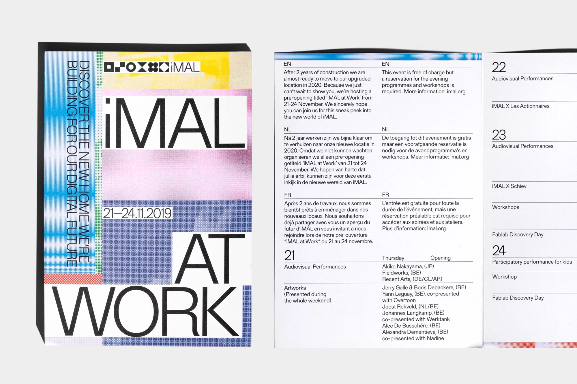A graphic design flyer layout featuring bold typography, blocks of text, and glitch art patterns for iMAL by Vrints-Kolsteren.