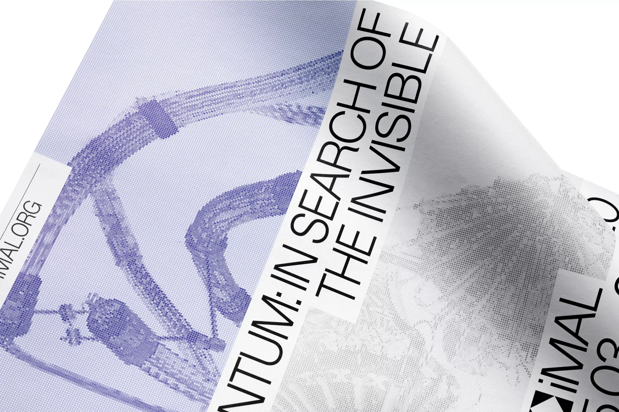 Close-up of a curled paper poster with abstract blue and white patterns and bold, sans-serif typography on a white background.