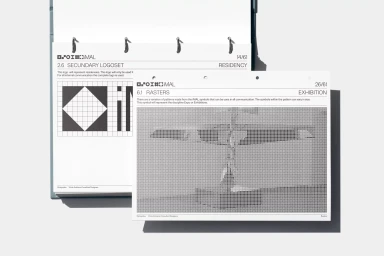 Open ring binder displaying pages with black and white typographic layouts and rasters for iMAL brand identity
