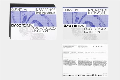 Exhibition branding and typography featuring Quantum In Search Of The Invisible for iMAL by Vrints-Kolsteren