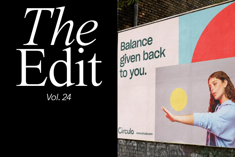 Billboard advertisement featuring a woman and abstract shapes against a brick wall, with 'The Edit Vol. 24' typography.