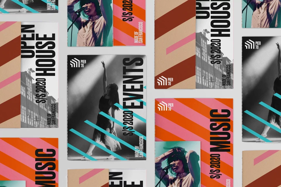 Several posters with text reading 'Open House,' 'Events,' and 'Music,' display Pier 70 branding and diagonal stripe patterns.