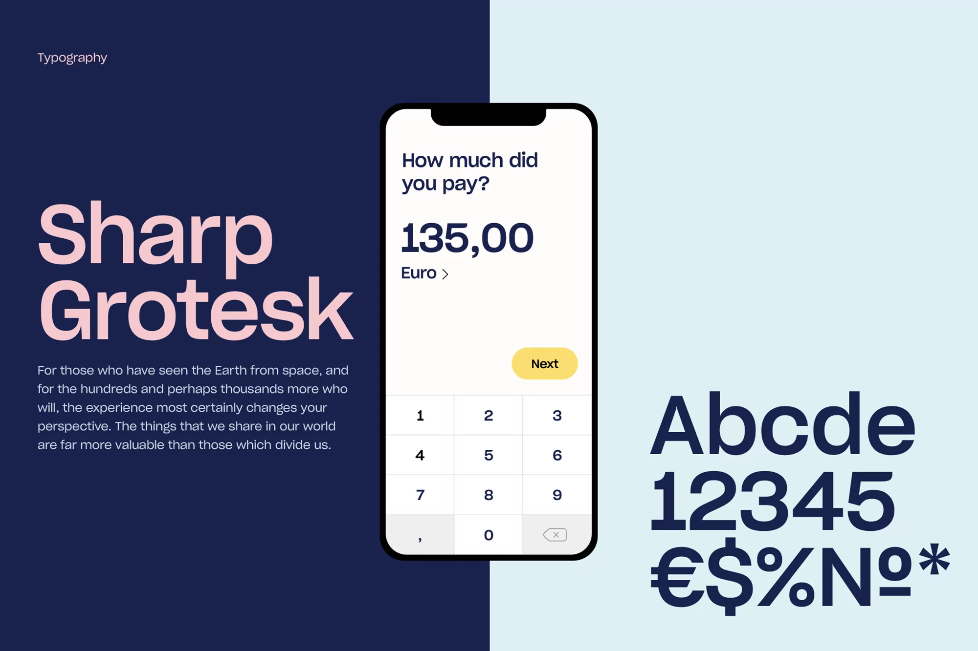 Typography design showcase featuring the 'Sharp Grotesk' font across digital and print mediums, on a split light blue/navy background.