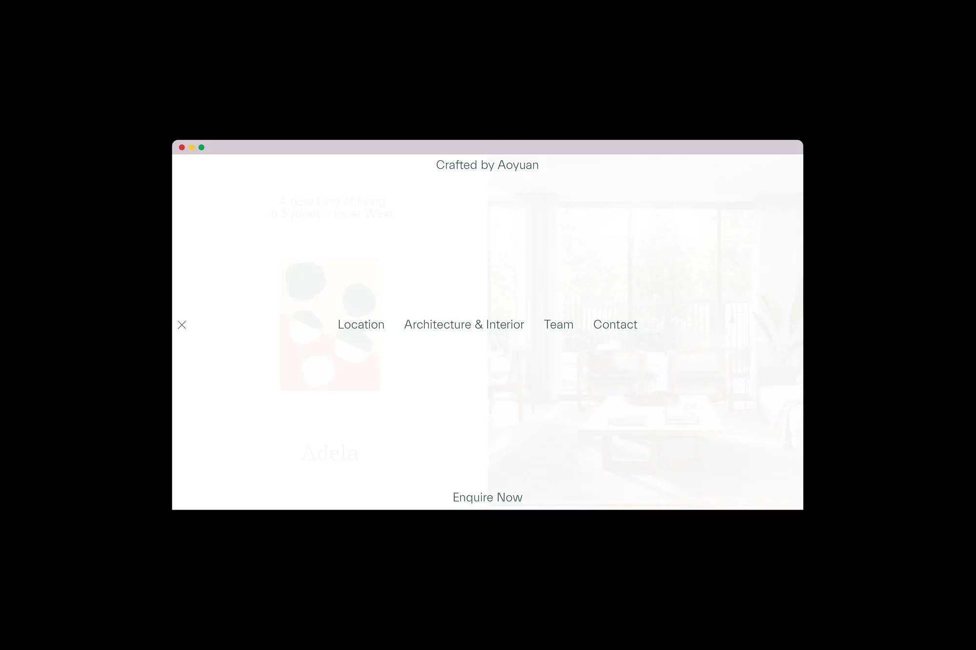 Screenshot of a website for an architectural and interior design company, featuring navigation links and a glimpse of interior design.