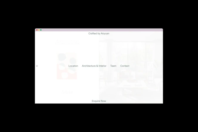 Screenshot of a website for an architectural and interior design company, featuring navigation links and a glimpse of interior design.