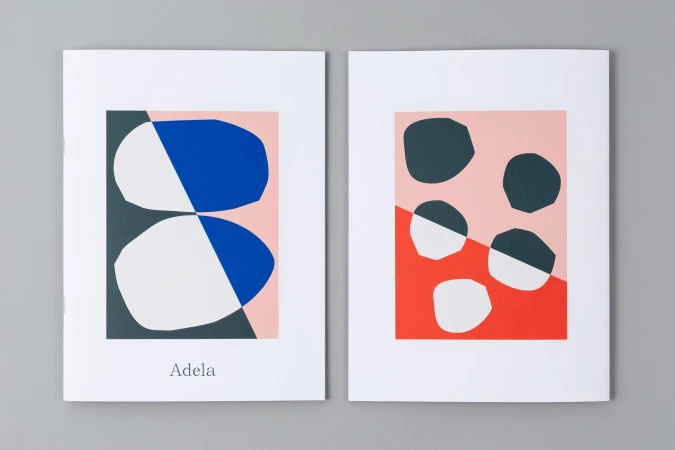 Two white booklets featuring abstract graphic art compositions with pink, blue, red, and dark shapes against a neutral grey surface.