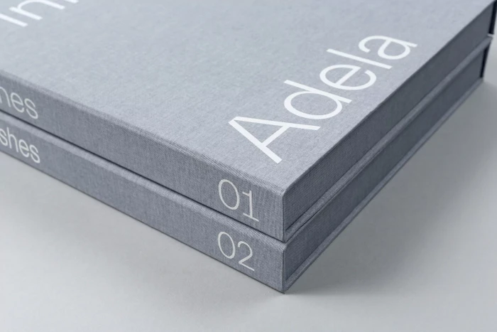 Two grey fabric-bound presentation boxes stacked with white typography reading Adela and numbers 01 and 02