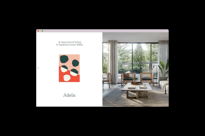 Browser window showing Adela brand identity layout with a graphic illustration and a modern living room interior photo.