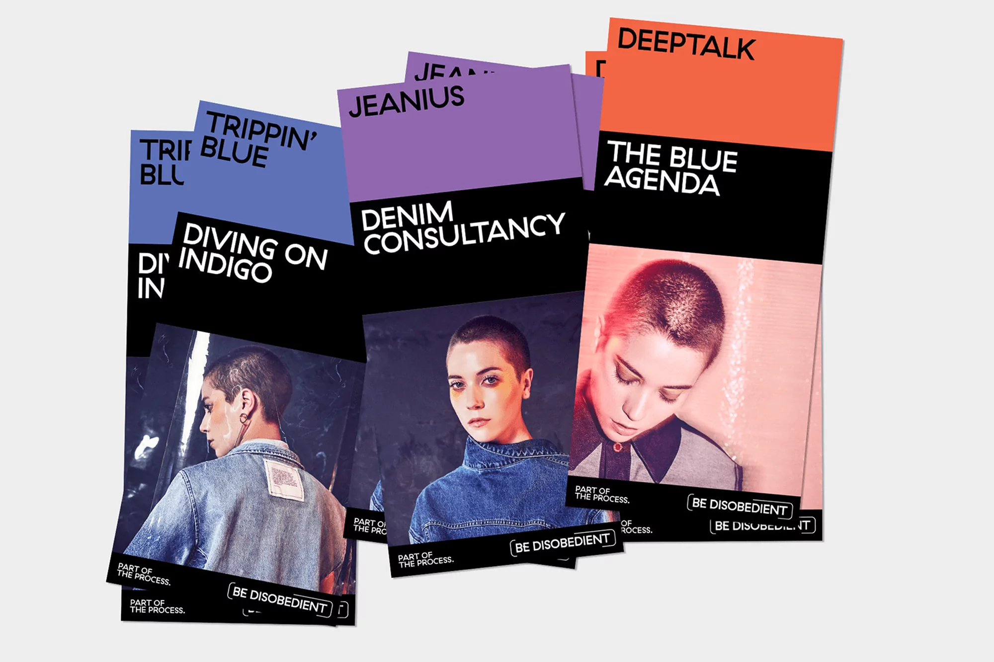 Five vertically stacked fashion cards featuring images of a young woman with different denim looks, color blocks, and bold typography.