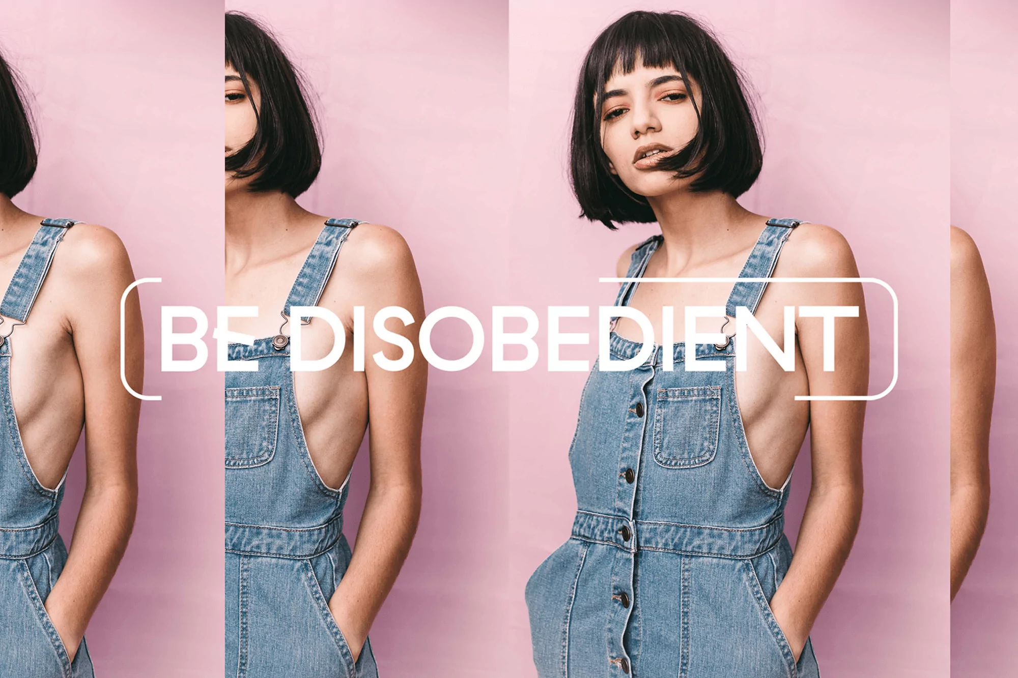 Brunette woman in a denim dress poses in front of a pink wall. Fashion shot with vertical framing and text overlay.