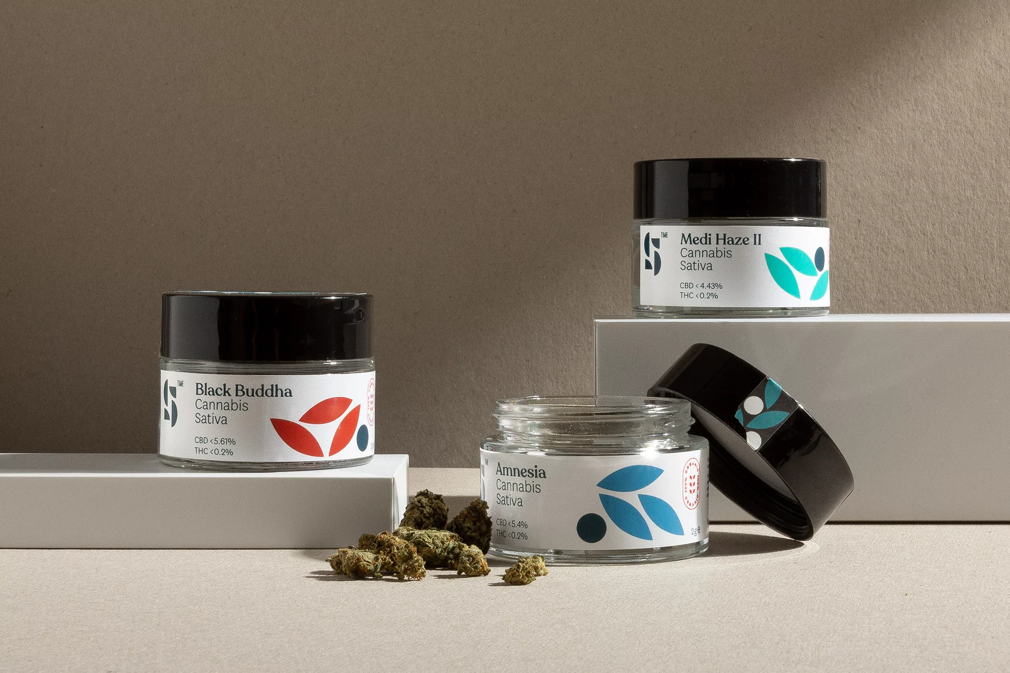 Close-up of three glass jars labeled with cannabis strain names (Black Buddha, Amnesia, Medi Haze II), with some buds alongside, studio setting.