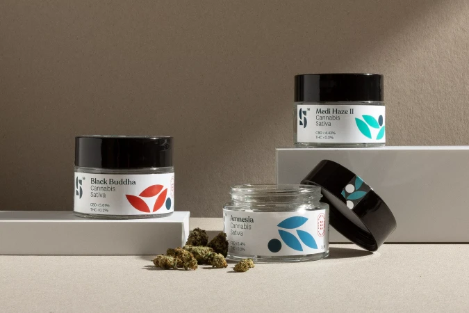 Close-up of three glass jars labeled with cannabis strain names (Black Buddha, Amnesia, Medi Haze II), with some buds alongside, studio setting.