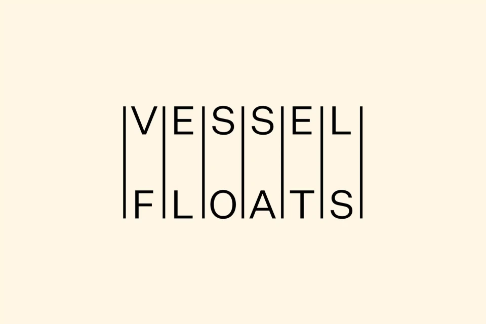 Stylish typography art featuring the words 'Vessel Floats' stacked with vertical lines, set against a soft cream background.