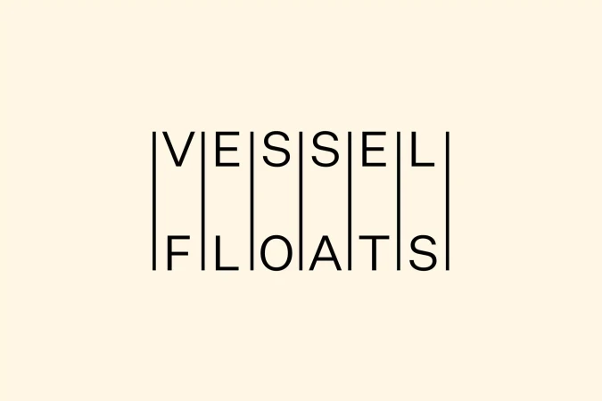 Stylish typography art featuring the words 'Vessel Floats' stacked with vertical lines, set against a soft cream background.