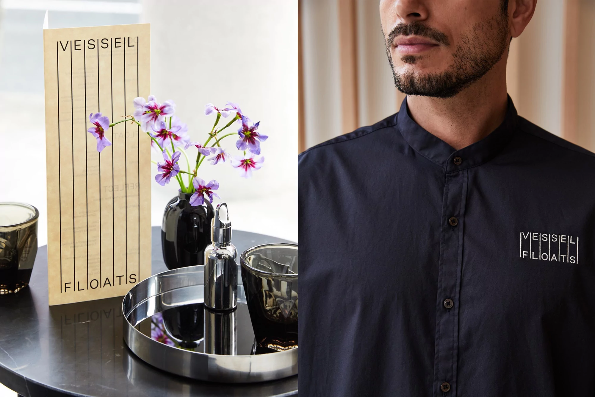 Split image: skincare products displayed on a table with a vase of flowers next to a man wearing a navy button-down shirt.