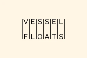 Minimalist black typography spelling Vessel Floats intersected by vertical lines on a cream background.